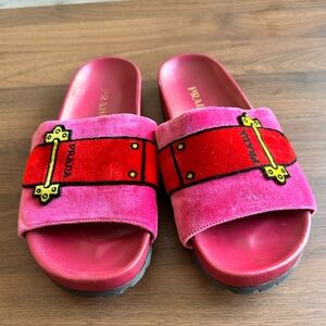 Prada Fuchsia Velvet Belt Slides